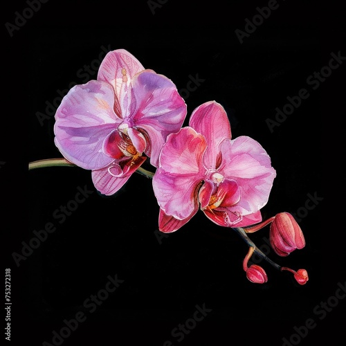 Watercolor, Pink Orchid Flower isolated on black background