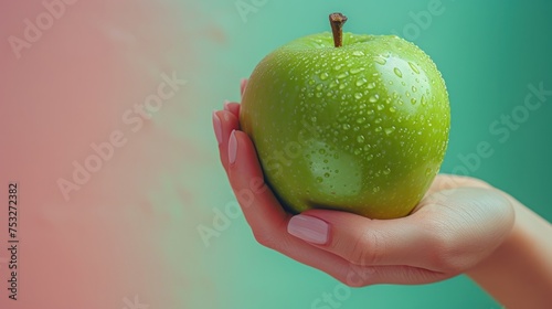a woman's hand holding a green apple with drops of water on the green, pink, and blue background. photo