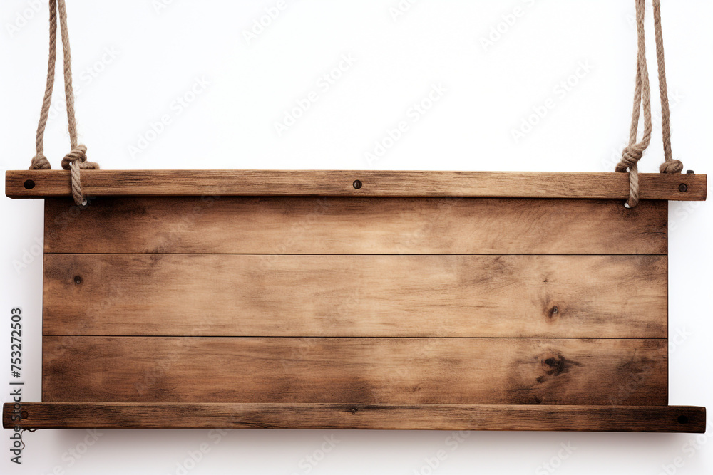 photo of a wooden plank hanging on ropes on a white background сreated with Generative Ai photo of a wooden plank hanging on ropes on a white background сreated with Generative Ai