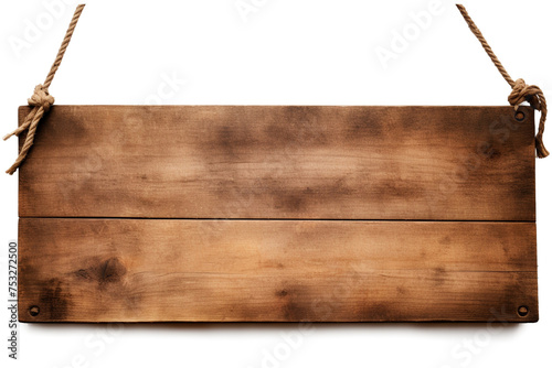 photo of a wooden plank hanging on ropes on a white background сreated with Generative Ai