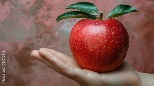 a hand holding a red apple with a green leaf on top of it, with a pink wall in the background. photo