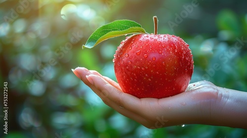 a person's hand holding an apple with a green leaf on top of it in front of a blurry background.