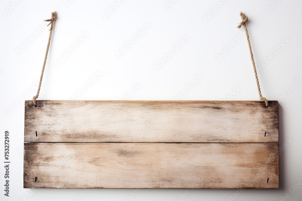 photo of a wooden plank hanging on ropes on a white background сreated with Generative Ai photo of a wooden plank hanging on ropes on a white background сreated with Generative Ai