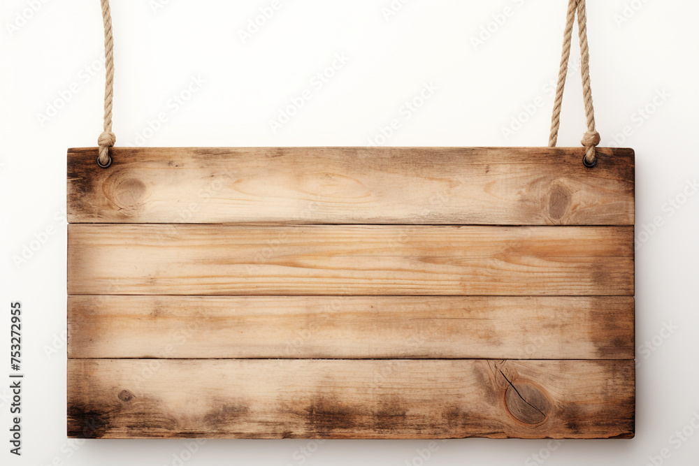 photo of a wooden plank hanging on ropes on a white background сreated with Generative Ai photo of a wooden plank hanging on ropes on a white background сreated with Generative Ai