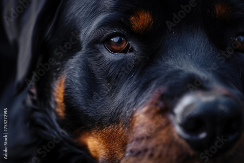 Portrait close up of a Rottweiler looking at the camera.