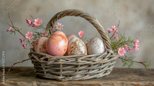 a wicker basket filled with eggs sitting on top of a table next to a bunch of pink and white flowers.