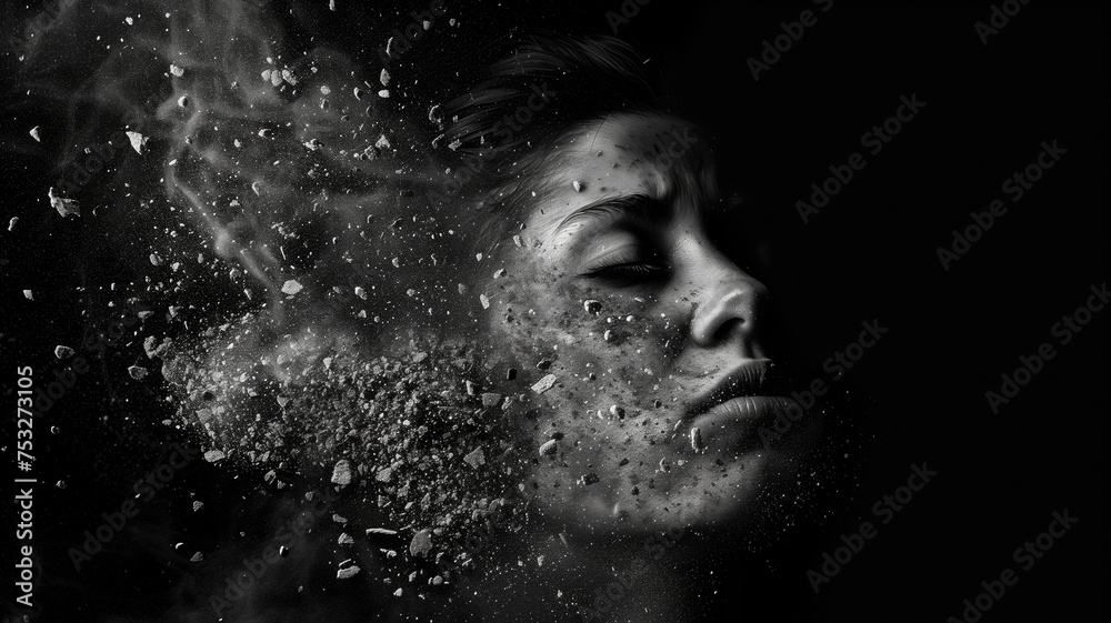 A woman's face dissolves into white particles that fly in the wind, isolated on a black background