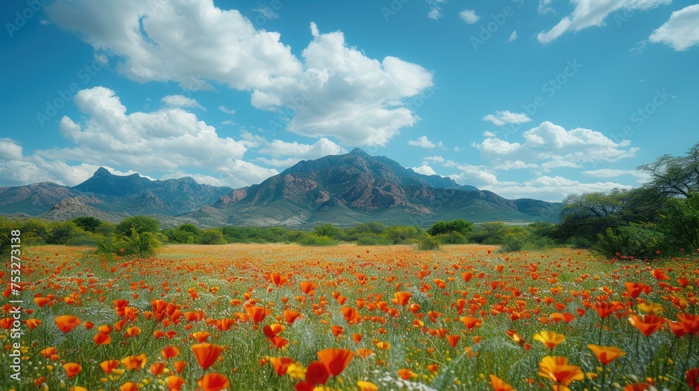 a field of orange flowers with a mountain in the background with clouds in a blue sky with wispy wispy wispy wispy wispy wispy wispy wispy wispy clouds.