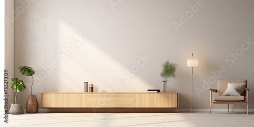 Minimalist interior living area with open space for product display or promotional text.
