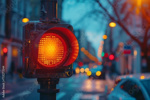 Red traffic light on a rainy evening with blurred city lights and vehicles in the background creating a bokeh effect