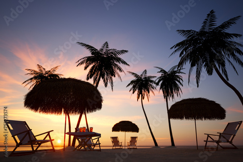 Majestic Oceanfront View at Dusk  Palm Trees Fringing Sunset-Hued Beach