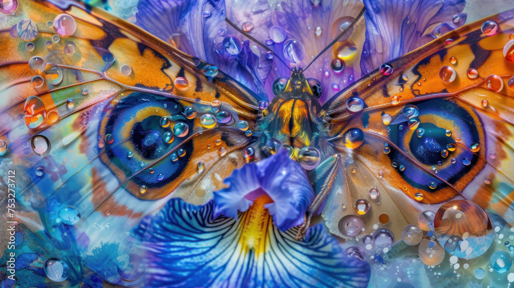 a painting of a butterfly with drops of water on it's wings and a flower in the foreground.