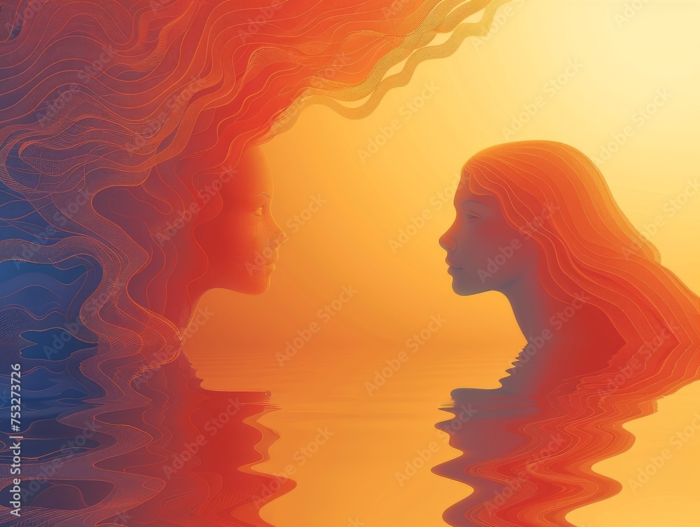 Evocative digital illustration ideal for wellness and meditation spaces, showcasing mirrored women silhouettes against a tranquil sunset, perfect for inspiring peace and self-reflection.