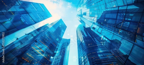 Modern skyscrapers of a smart city, futuristic financial district, graphic perspective of buildings and reflections