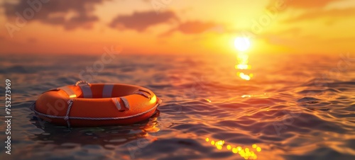 Orange lifebuoy lies on the shore on a sunny day against the background of the sea. Red lifebuoy on the background of the ocean. Life ring on the sea sand. Toning.