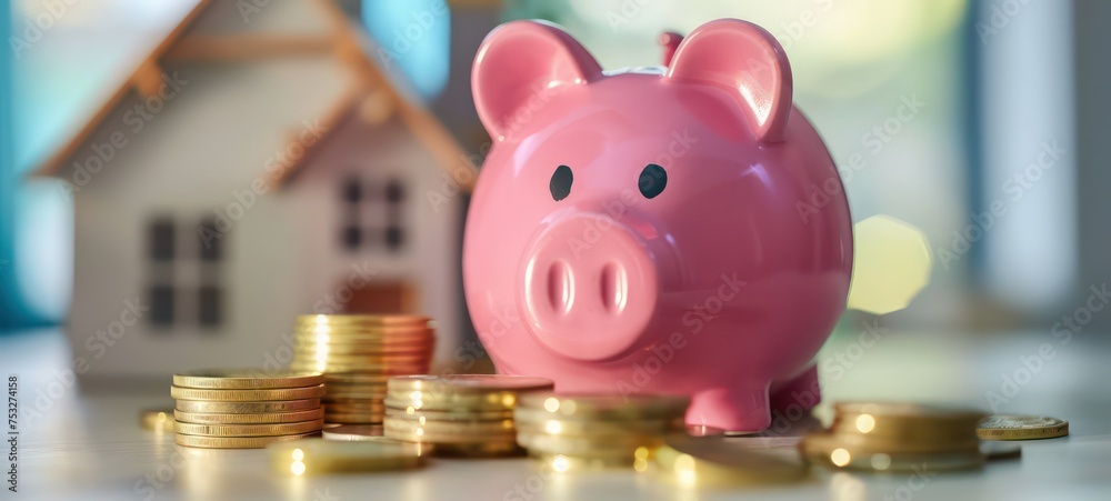 Piggy bank with model of house and heap of coins. Savings money for buy house. Piggy bank with model of house and heap of coins. Savings money for buy house.