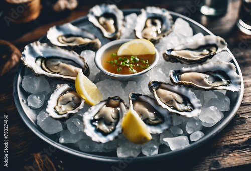 Plate of open oysters on ice with vinegar souce and lemon Top view