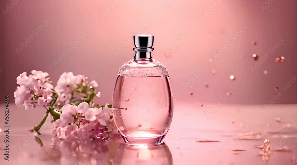 Glass perfume bottle and gypsophila flowers in pink water background Floral arrangement splashes and drops of water Glass perfume bottle and gypsophila flowers in pink water background Floral arrangement splashes and drops of water