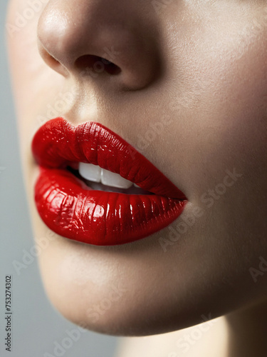 Labios femeninos con lápiz labial rojo brillante, primer plano para ideas de maquillaje y belleza photo