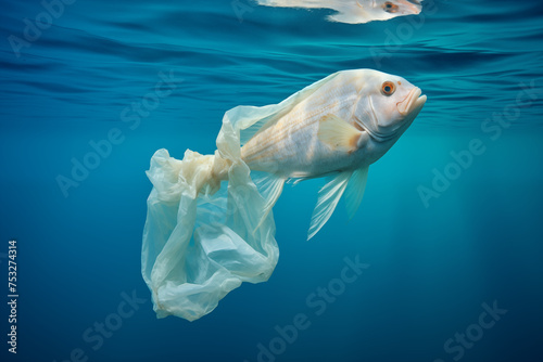 Fish stuck in plastic bag, result of ocean water pollution by plastics and waste. Environment problems, climate change, global plastics pollution, hurting marine life like fish, coral reefs and