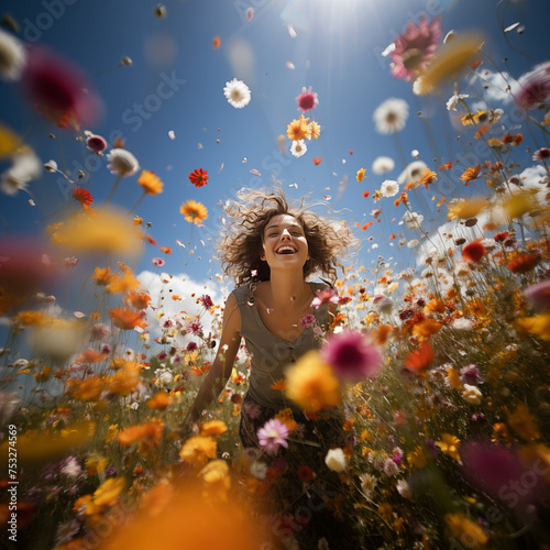 a joyful girl runs through a field with flowers, a woman in flowers. good flying weather, beautiful colors, nature