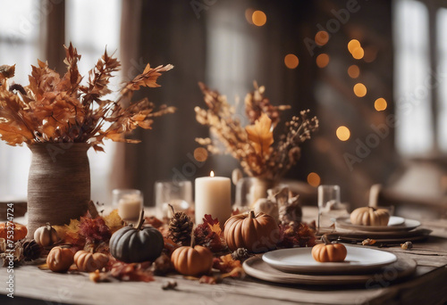 Rustic mockup with autumn table decoration Floral interior decor for fall holidays dry flowers in vases on table and small pumpkins