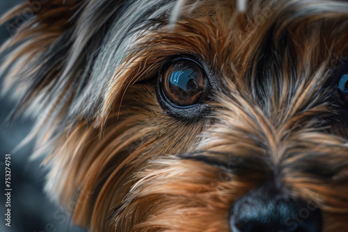 Close up portrait of a Yorkshire Terrier looking at camera under natural light.