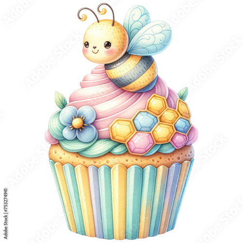 Bee and honeycomb cupcake watercolor, Sweet dessert, Festive decoration, Isolated on transparent background. Generative AI