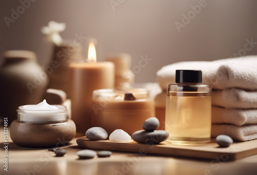 Set of traditional spa products Natural body care concept Product mock ups stones and candles on beige background