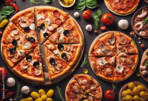 Selection of Assorted pieces pizza on grey background Pepperoni Vegetarian and Seafood Pizza top view