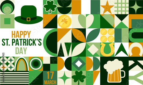 Happy St. Patrick's Day geometric abstract background with a leprechaun hat, clover, gold coins, beer and simple geometric forms. Horizontal vector illustration