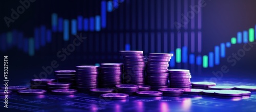 stack of gold coins Stock market or forex trading charts and candlestick charts are suitable for financial investment concepts. with purple and blue lighting