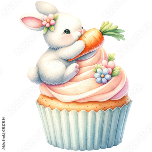 Easter bunny with carrot and floral cupcake watercolor, Sweet dessert, Festive decoration, Isolated on transparent background. Generative AI © BussarinK