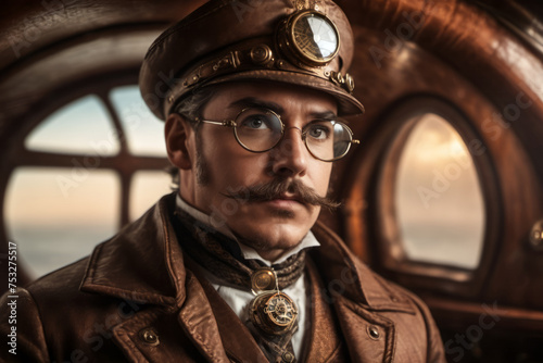 Close up portrait of surreal Steampunk captain or inspector with hat, eyeglasses and moustache, young Steampunk crew member on duty standing inside flying airship