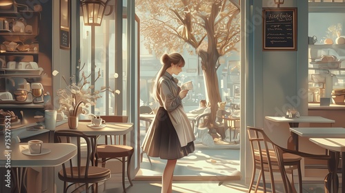 Serene Morning in a Cozy Cafe With a Young Woman Enjoying Her Coffee