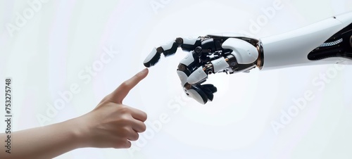Concept of Artificial intelligence, AI robot, human, idea, development, think, futuristic technology transformation, science, robotic hand, connection with human hand and robot technology development photo