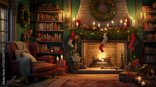 Cozy fireplace scene with Christmas stockings