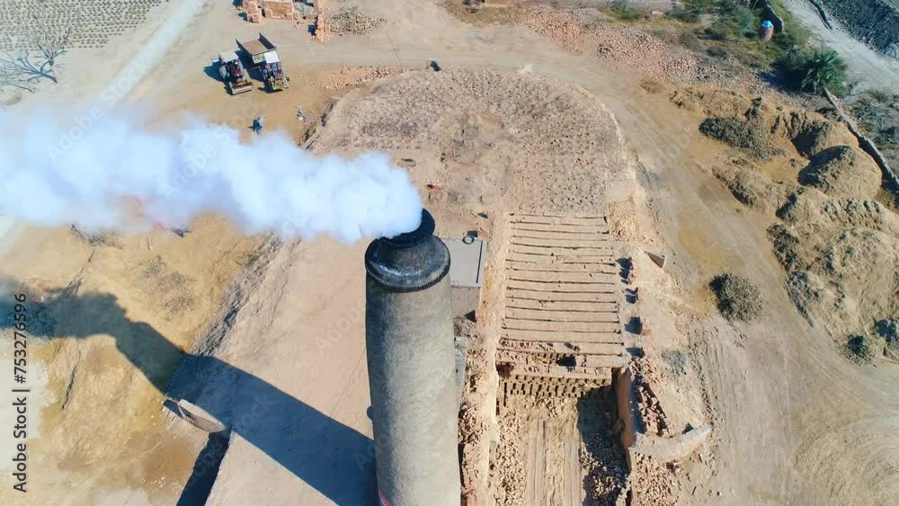 Static view single factory chimneys processing plant release white ...
