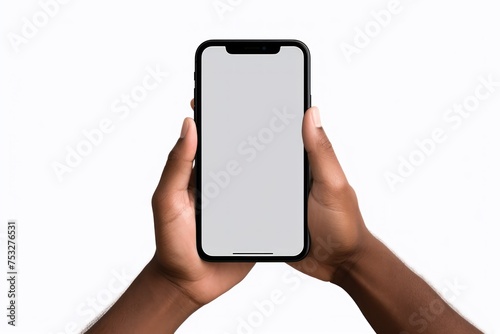 Hand holding smartphone with blank screen isolated. Smartphone Mockup for Designers. Mockup. Chroma key. Blank screen. Template.