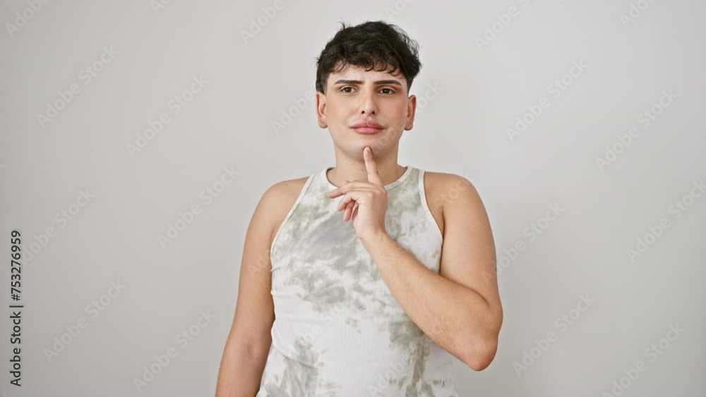 Young man in sleeveless t-shirt, deep in thought, fingers on chin, eyes looking up, lost in wonder, standing isolated on white background, pondering hefty doubts.