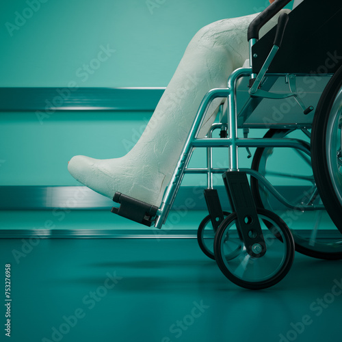 Obraz na płótnie Person with Broken Leg in Plaster Cast Using Wheelchair for Mobility w salonie