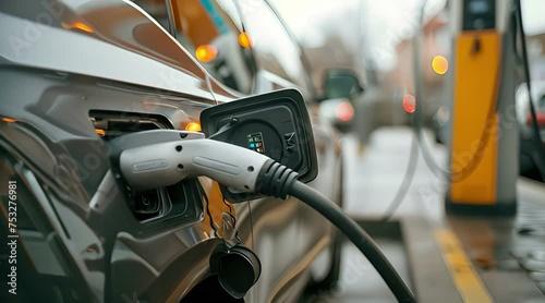 Close-Up Photo of Electric Car Charging at Gas Station Sustainable Transportation Concept photo