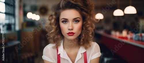 Stylish young woman with makeup and hairdo at a cafe