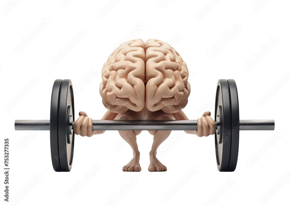 Fototapeta premium Brain with arms lifting gym bar doing exercise. Three dimension cartoon illustration over white transparent background