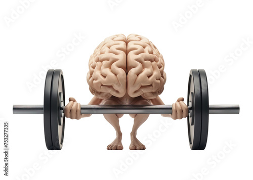 Brain with arms lifting gym bar doing exercise. Three dimension cartoon illustration over white transparent background