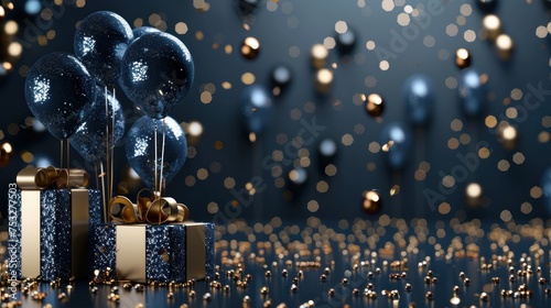 a luxurious setup with dark blue and golden sequins balloons floating gracefully amongst beautifully wrapped gift boxes