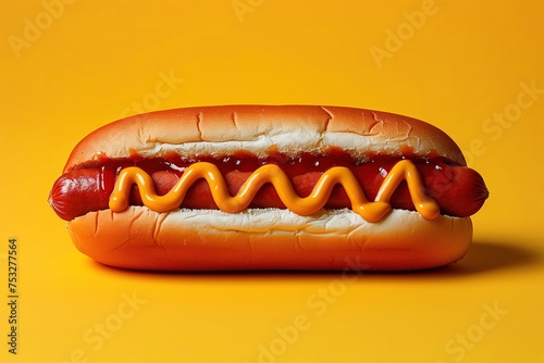 A hot dog with mustard and ketchup on a yellow background