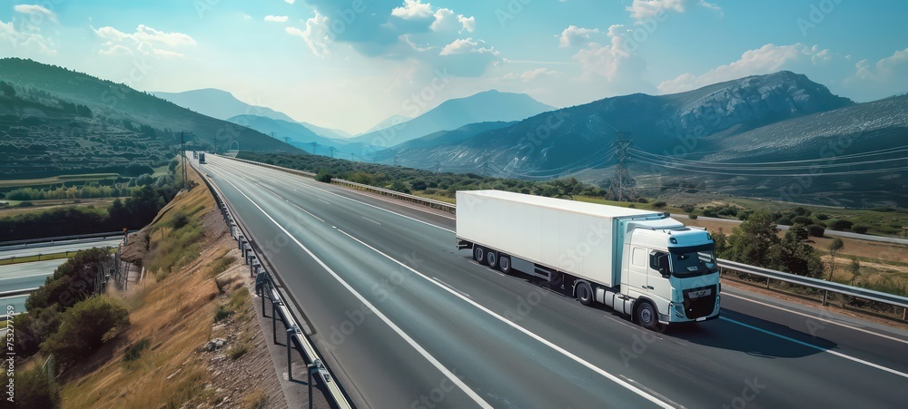 Obraz premium White cargo truck with a white blank empty trailer on highway road with beautiful nature mountains and sky