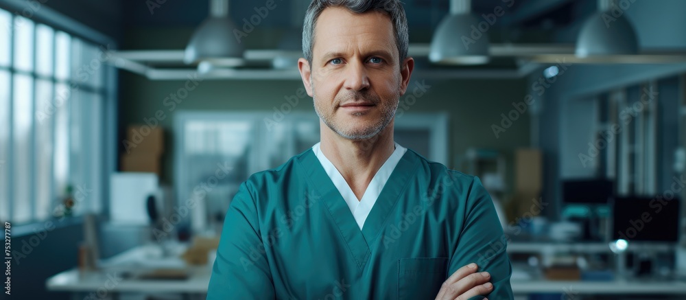 Middle aged male doctor in scrubs standing with arms crossed in contemporary office setting portrait orientation - obrazy, fototapety, plakaty 