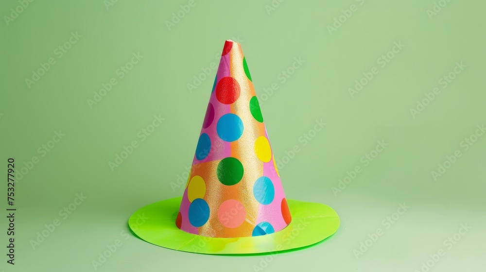 Fototapeta premium A vivid and colorful birthday cap stands out boldly against a green background